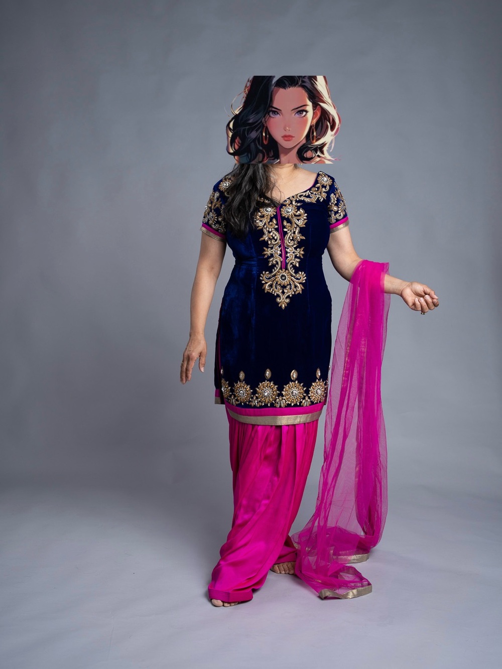 Navy Velvet Kurta with Fuchsia Patiala Pants